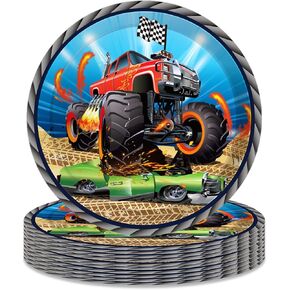 OXYLIPO 24 Pack 9" Monster Truck Dessert Paper Plates Off-road Car Round Disposable Dinner Tableware Set Party Plates Baby Shower Birthday Party Supplies