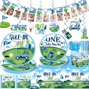 131 Pcs Hole in One Birthday Decorations, Golf Party Supplies Tableware Golf Birthday Plates Cup Hole in One Birthday Banner with Led String Lights Hole in One Birthday Decorations