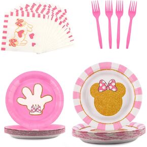 96 Pieces Girls Pink Bow Mouse Birthday Party Decorations, Mouse Birthday Party Supplies Baby Shower, Pink Mouse Party Plates, Napkins, Forks Serves 24 Guests