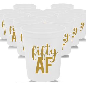 50th Birthday Cups, Fifty AF, Set of 12-16oz Black Stadium Cups for 50th Birthday Party Decorations and Favors (Pink)