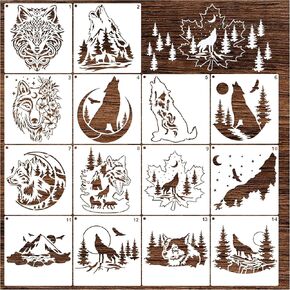 14 Pieces Wolf Stencils for Painting, Reusable Forest Wolves Mountain Stencils Template Wildlife Animal Wood Burning Stencils for DIY Crafts Canvas Fabric Home Décor (Wolf)
