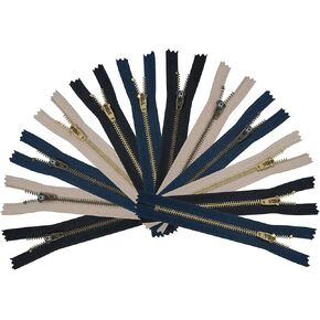 HKK 6 Inch #3 Metal Zippers, 12 pcs, Close-End Non-Separating with YG Slider - Black, Navy, Beige Colors - Ideal for Jeans, Khaki, Sewing, and DIY Projects, Y-Teeth (Antique Brass, Golden Brass)