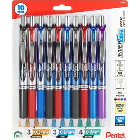 Pentel EnerGel Sampler, Needle Tip, Tip sizes 0.3mm, 0.5mm and 0.7mm included, Assorted Ink Colors, Pack of 10 Pens