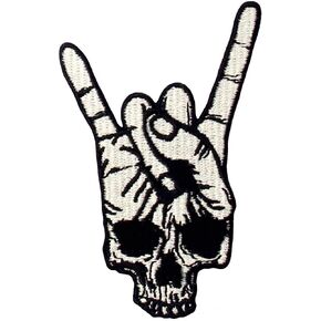 Rock and Roll Skull Hand Symbol Finger Sign Patch Embroidered Applique Iron On Sew On Emblem