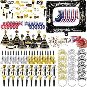 272 Pcs 2025 New Years Eve Party Supplies Set Serve 48, New Years Eve Party Cone Hats, Inflatable Fireworks Gun, Photo Frame, Props, Gold Glitter Noisemakers for New Year Party Decor Favor