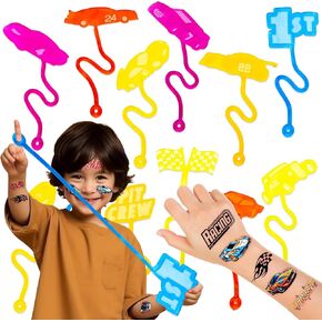 36PCS Race Car Party Favors - 24PCS Temporary Tattoos 12PCS Sticky Hands Perfect Birthday Supplies for Kids Stretchy Fidget Goodie Bag Stuffers Treasure Box Toys Classroom Prizes Student Gifts