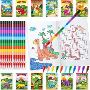 BenLouis 24 Dinosaur Mini Coloring Books Kids with 24 Stacking Crayons Dino Birthday Party Favors Activity Books Bulk for Kids Jurassic Goodie Bag Gift Stuffer Classroom Reward