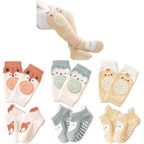 Baby Knee Pads for Crawling (3 Pairs) and Baby Socks for Walking (3 Pairs), Walking Protector For Toddler Girl Boy 1-3