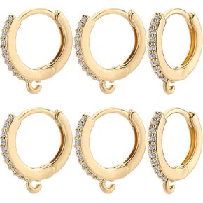Beebeecraft 1 Box 12Pcs Round Leverback Hooks 18K Gold Plated Cubic Zirconia Huggie Hoop Earrings Findings French Ear Wires Hoops with Loop for DIY Jewellery Making