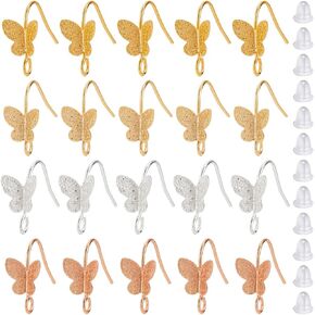 SUNNYCLUE 1 Box 40Pcs 4 Colors Butterfly Earrings Hook Brass Ear Hooks Bulk Silver Rose Gold Metal Bowknot Butterflies Earring Findings with Plastic Ear Nuts for Jewelry Making DIY Crafts Supplies