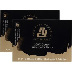 New York Central 100% Cotton Watercolor Paper Blocks 2 Pack 140lb 5x7" - Hot Press Acid-Free Premium Watercolor Paper for Artists, Painting, Water Media, Professionals, & More
