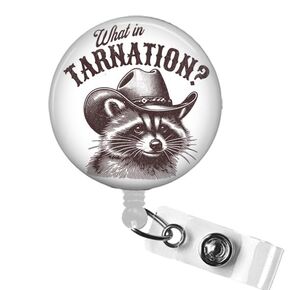 What in Tarnation Raccoon Badge Reel, Funny Raccoon Badge Holder, Sarcastic Western Raccoon Badge Clip, Humorous Office Gifts, Retro Meme Raccoon Vibes Nurse Badge Reel, Hospital ID Badge Accessory