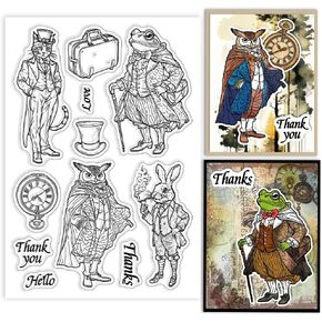 GLOBLELAND Animal Gentleman Clear Stamps Retro Frog Owl Cat Rabbit Silicone Clear Stamp Seals Transparent Stamps for DIY Scrapbooking Cards Making Photo Album Journal