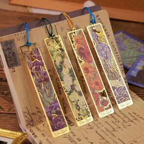 4 Pieces Metal Bookmarks with Tassel, Handmade Golden Hollow Bookmark Oil Painting Theme Book Mark Bookmarks for Book Lovers Writers Readers Children Teens Men Women Adults