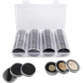 60 Pieces 41mm Clear Coin Capsules with Black Foam Gaskets and Storage Box, 5 Sizes (21/26/31/36/41mm) Coin Holder Silver Eagle Dollar Challenge Coin Cases for Collector Collection Supplies