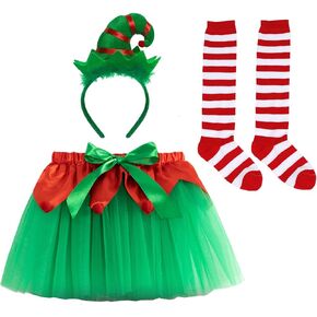 Christmas Elf Costume - Girls Elf Tutu Skirt with Elf Headband Striped Socks, Glitter Christmas Tutu Girl Elf Costume