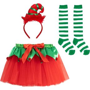 Christmas Elf Costume - Girls Elf Tutu Skirt with Elf Headband Striped Socks, Glitter Christmas Tutu Girl Elf Costume in Saudi Arabia