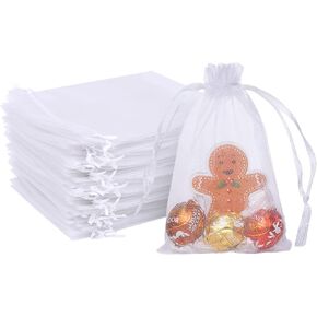 Funfery 100 Pcs White Organza Bags - 3x4 in, Small Mesh Drawstring Bags for Jewelry, Candy, Wedding Favor, Halloween