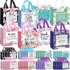 Riakrum 32 Pcs Bible Verse Flower Gift Bag with Handles Religious Reusable Gift Bags Bulk Christian Baptism Tote Non Woven for Women Wedding Birthday Present Favors Wrapping