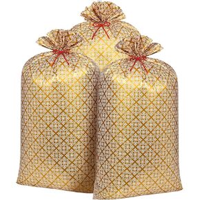 Zonon 3 Pcs 56 Inch Jumbo Plastic Christmas Gift Bags Oversize Golden Damask Present Bags Large Gift Bag for Engagement Anniversary Bridal Showers Holidays Birthday Christmas Party or Any Occasion