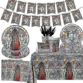 Knight Tableware,Medieval Times Theme Party Decorations 142pcs Knight Plates Cups Napkins Rectangle Cobblestone Table Covers for medieval party Knight Castle Birthday Party Supplies