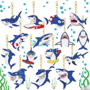 15 Pcs 5D Diamond Painting Keychains DIY Shark Diamond Art Keychain Kit for Kids Boys Girls Adult Mosaic Full Drill Pendant Phone Charm Bag Pendant Accessory Arts Crafts
