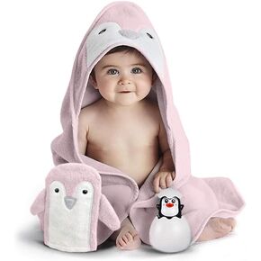Happy & Sweet Baby Gift Set. Rayon Made from Bamboo Penguin Bath Towel with Hood, mitt washcloth and Squirt Bath Toy for Bathtub. Perfect for Boys and Girls. Bonus Included