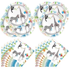 Animal Zebra Party Plates Napkins, Zebra Birthday Party Tableware with Party Plates, Napkins for Animal Themed Happy Birthday Decoration