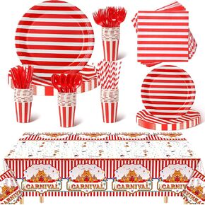 176 Pcs Carnival Circus Party Supplies Circus Table Decorations Red White Carnival Theme Birthday Christmas Tablecloth Banner Paper Plates Napkins Set with Cups Knives Fork Striped Straw for 25 Guest