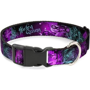 Dog Collar Plastic Clip Harley Quinn Pow Aiming Poses Joker Black Turquoise Fuchsia 8 to 12 Inches 0.5 Inch Wide, PC-WJK047-NM