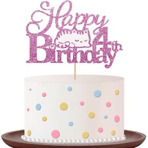 Cat Happy 2nd Birthday Cake Topper, Pink Glitter Kitty Two Cake Topper, Pet Cat Two Years Old Birthday Cake Decor for Girl, Meow Themed Birthday/Anniversary Party Decorations