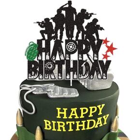 Military Happy Birthday Cake Topper Black Glitter Gun Army Soldier Fighter Veteran's Day Cake Decorations Airman Retirement Military Themed for Kids Boys Men Birthday Party Supplies