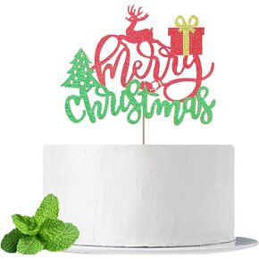 Merry Christmas Cake Topper with Christmas Tree/Gift and Deer, Christmas Eve Theme Party Cake Decor, Happy New Year Party Cake Decorations Supplies, Red Green Glitter Cake Topper