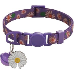 Cat Collar with Bell,Daisy Prints XS Dog Collar Girl Cute Fancy Puppy Collar with Bells for XXS XS Tiny Little Kitten Pet Female Dogs,Neck 7-12 inches (Purple, Neck 7-12")