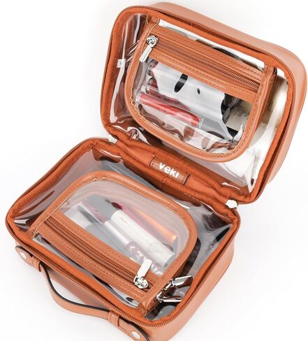 Veki Transparent Makeup bag Double Travel Cosmetic bags Case Waterproof Toiletries Bag Large Capacity Open Storage bag Organizer for Women and Girls (Small Pink) in Kuwait