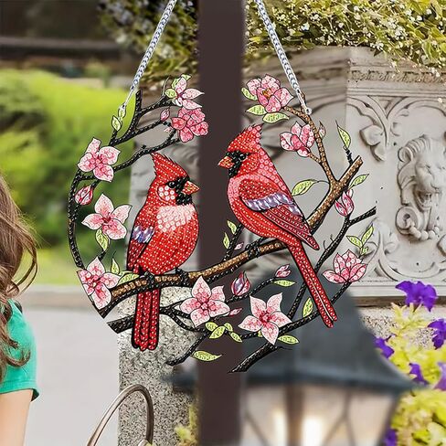 الشتاء عيد الميلاد الماس مجموعات اللوحة شنقا قلادة، على شكل خاص حجر الراين الكرادلة الطيور زهرة الماس الفن عدة، DIY الاكريليك مزدوجة من جانب نافذة مجلس كيت زخرفة، ديكور جدار المنزل 7.8x7.8 بوصة in Kuwait