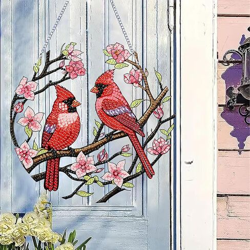 الشتاء عيد الميلاد الماس مجموعات اللوحة شنقا قلادة، على شكل خاص حجر الراين الكرادلة الطيور زهرة الماس الفن عدة، DIY الاكريليك مزدوجة من جانب نافذة مجلس كيت زخرفة، ديكور جدار المنزل 7.8x7.8 بوصة in Kuwait