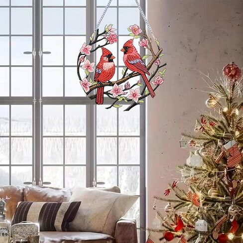 الشتاء عيد الميلاد الماس مجموعات اللوحة شنقا قلادة، على شكل خاص حجر الراين الكرادلة الطيور زهرة الماس الفن عدة، DIY الاكريليك مزدوجة من جانب نافذة مجلس كيت زخرفة، ديكور جدار المنزل 7.8x7.8 بوصة in Kuwait