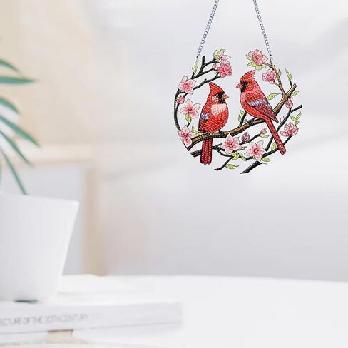 الشتاء عيد الميلاد الماس مجموعات اللوحة شنقا قلادة، على شكل خاص حجر الراين الكرادلة الطيور زهرة الماس الفن عدة، DIY الاكريليك مزدوجة من جانب نافذة مجلس كيت زخرفة، ديكور جدار المنزل 7.8x7.8 بوصة in Kuwait