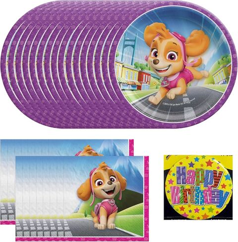Amscan Paw Patrol -Skye 7" Plates and Beverage Napkins Serves 16 | Officially Licensed | Includes Happy Birthday Button | Bundle of 3 Items Party Supplies Pack For Desert, Cake and more in Saudi Arabia