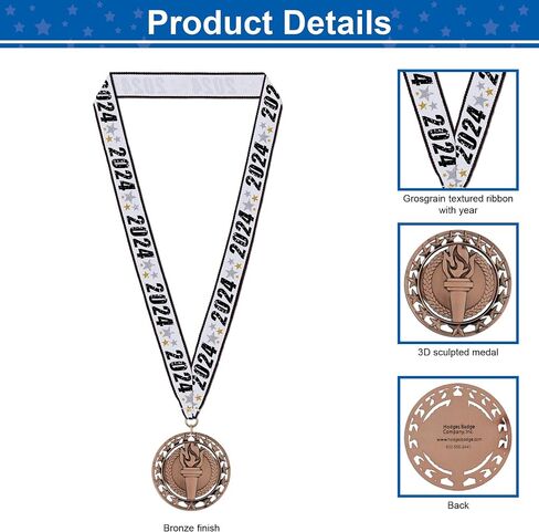 Hodges Badge Company Victory Torch Gold, Silver, or Bronze Medals with 2024 Neck Ribbon- Made of Metal- Sold in Sets of 10 of Either Gold, Silver, or Bronze (Bronze Victory Torch) in Saudi Arabia