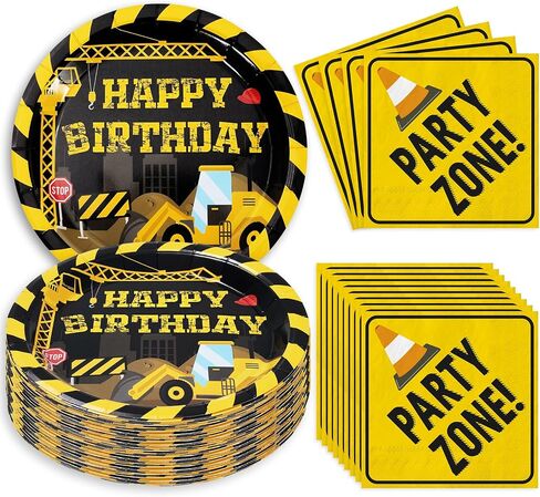 Construction Birthday Party Supplies Happy Birthday Yellow Black Disposable Dinner Plates Napkins for Home Party Table Kitchen Decor Supplies Serve 25 Guests, 50Pcs in Saudi Arabia