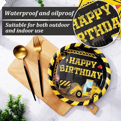 Construction Birthday Party Supplies Happy Birthday Yellow Black Disposable Dinner Plates Napkins for Home Party Table Kitchen Decor Supplies Serve 25 Guests, 50Pcs in Saudi Arabia