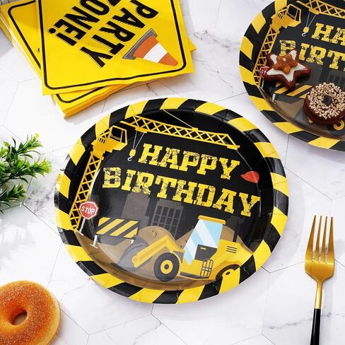 Construction Birthday Party Supplies Happy Birthday Yellow Black Disposable Dinner Plates Napkins for Home Party Table Kitchen Decor Supplies Serve 25 Guests, 50Pcs in Saudi Arabia