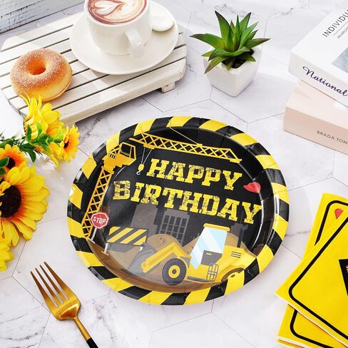 Construction Birthday Party Supplies Happy Birthday Yellow Black Disposable Dinner Plates Napkins for Home Party Table Kitchen Decor Supplies Serve 25 Guests, 50Pcs in Saudi Arabia