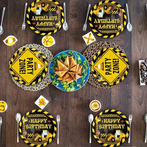 Construction Birthday Party Supplies Happy Birthday Yellow Black Disposable Dinner Plates Napkins for Home Party Table Kitchen Decor Supplies Serve 25 Guests, 50Pcs in Saudi Arabia