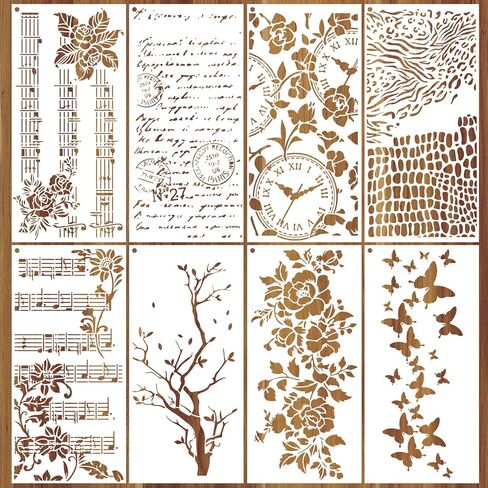 AFRITEE Floral Stencils for Crafts Reusable - 8 Pcs Large Texture Painting Stencils for Wood Furniture Decor, Butterfly Notes Painting Template for DIY Clothes Diary Canvas Creative Decoration in Saudi Arabia