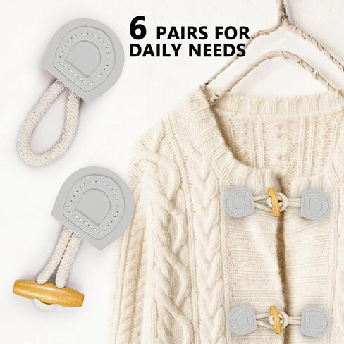 6 Pairs PU Leather Sew-On Toggles Closure Vintage Wooden Horn Button for Clothing Coat Jacket Sweater (Gray Whtie), Normal, White, ZY-Botton-6pcs in Saudi Arabia