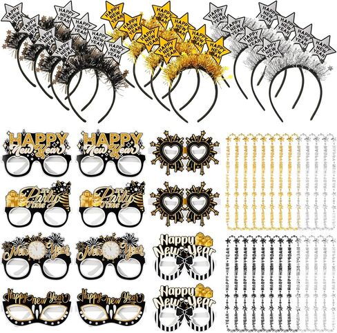 Jutom 48 Pcs Happy New Year Party Kit 2025, Happy New Year Bead Necklaces Glitter Funny Eyewear Star Headband Accessories for 2025 New Year's Eve Party Decorations, New Year Celebration Party Favors in Saudi Arabia