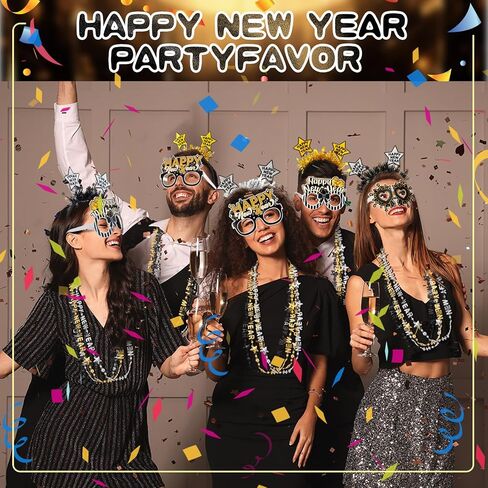 Jutom 48 Pcs Happy New Year Party Kit 2025, Happy New Year Bead Necklaces Glitter Funny Eyewear Star Headband Accessories for 2025 New Year's Eve Party Decorations, New Year Celebration Party Favors in Saudi Arabia